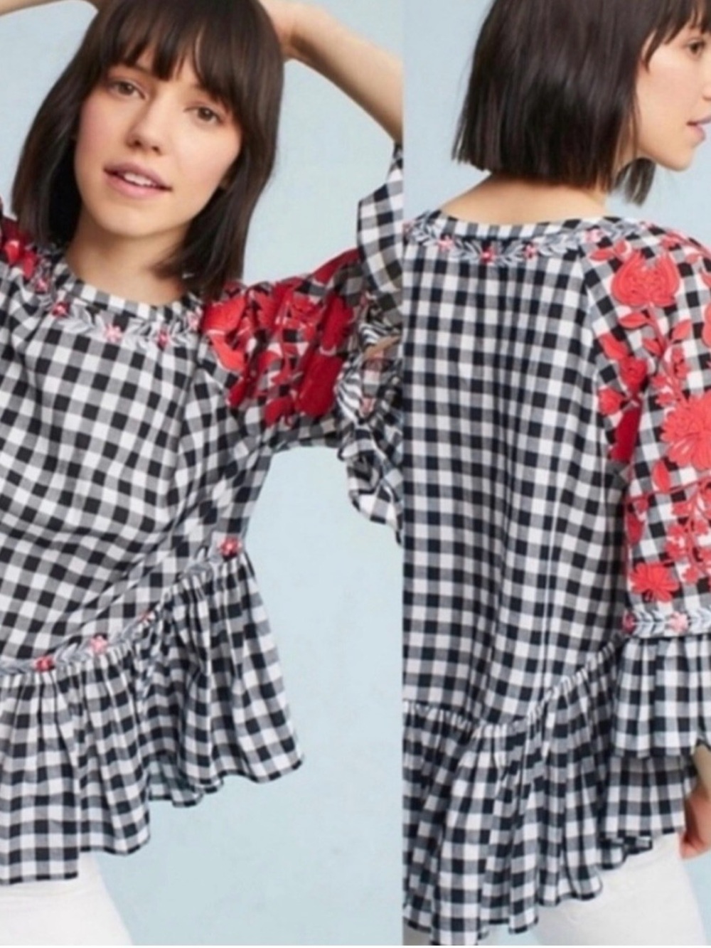 Black White Gingham Blouse with Red Floral Embroidery - Unknown Brand